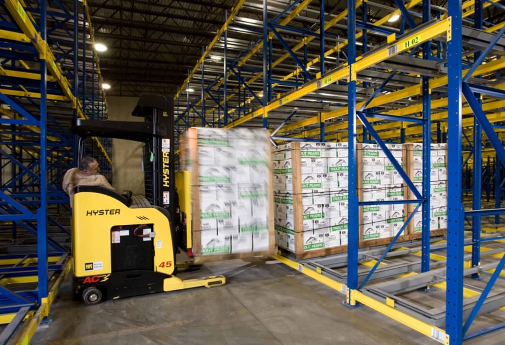 Push Back Rack system with pallets stored in a high-density configuration