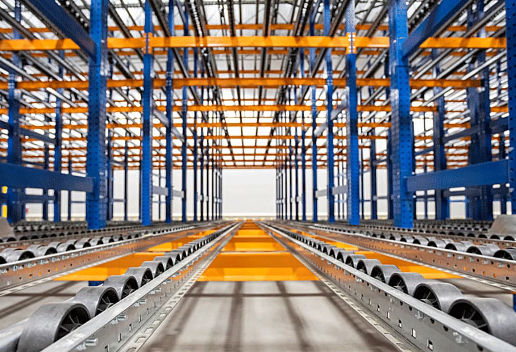 Pallet Flow Rack system with pallets stored in a high-density configuration